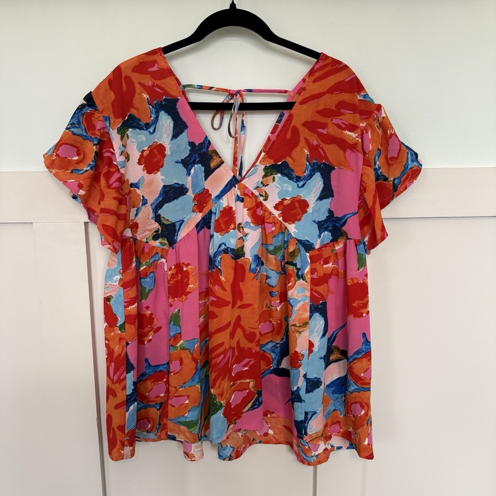 Entro Floral Double‎ V Ruffle Sleeve Blouse Women's Large Colorful Flowy Tunic